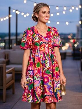 CROSBY by Mollie Burch Linen Blend Dress-Small-Abstract Floral Puff Sleeves EUC
